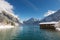 Boat house in austrian lake at snowy