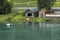 Boat houses on the shore of Nordfjord Olden Norway