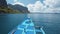 Boat hover over water surface facing tropical islands El Nido, Palawan, Philippines. Steep mountains and blue water
