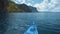 Boat hover to tropical islands El Nido, Palawan, Philippines. Steep green mountains and blue water lagoon. Discover