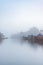 Boat huts on the lake in Plau in the Mecklenburg Lake District in Germany in the fog