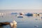 Boat, icebergs, polar day