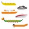 Boat icons set. Flat illustration of different kind of river boat transportation. Include banana boat  speed boat  dragon ship