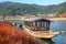 Boat and Kintai Bridge over Nishiki river in Iwakuni