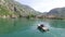 The boat in Kotor, aerial photography drone. Boat dock on the wa