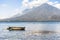 Boat on lake & 2 volcanoes, Lake Atitlan, Guatemala