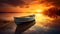 Boat on the lake at sunset. Beautiful summer landscape with fishing boat.