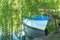 Boat on a lake under willow tree