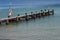 Boat landing stage with bathing ladders and rescue ring