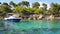 Boat and landscape in the Sainte Marguerite island, Lerins islands, South of France