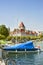 A boat and Lausanne castle of Ouchy (Le Chateau d\'Ouchy) near Ge