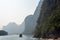 Boat on Li river cruise and karst formation mountain landscape in Guilin