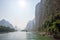 Boat on Li river cruise and karst formation mountain landscape in Guilin