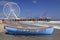 Boat lifeguard, beach and steel Pier in Atlantic City USA