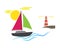 Boat lighthouse coast sun waves sea ocean. Vector illustration on white background. Blue green pink brown.