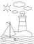 Boat with lighthouse, picture for children to be colored, black and white.