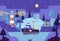 A boat loaded with fish heads to the port - night sky, lighthouse and small houses - vector cartoon illustration