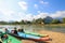 Boat on nam song river in vang vieng, laos,