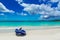 Boat at paradise beach in Seychelles, island Praslin - Anse Lazio