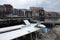 A boat passes a lock on the Rhone river in Geneva