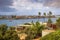 Boat passing by Balboa Peninsula viewed from Newport Beach