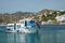 Boat in port harbor of Chora town on Mykonos island, Greece