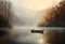 Boat on the quiet river, in the morning, light fog