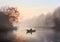 Boat on the quiet river, in the morning, light fog