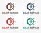 Boat Repair, Maintenance, Refurbishment logo. Boat wheel with gear. Fix icon