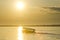 Boat on river amazon at sunset