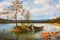 Boat on river, autumn landscape, paint on canvas