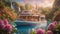 boat on the river A fantasy motor yacht boat in a rainbow river, with flowers, peaceful water