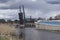 Boat in river Oude IJssel passing by the lift bridge of Laag Keppel