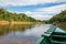 boat in the river in the peruvian Amazon jungle at Madre de Dios Peru