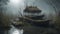 boat on the river A scary reed boat on a floating island in a swamp of slime, with fog,