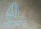 Boat with a sail on the waves is drawn with chalk on the asphalt. children creativity, summer, sea, travel. banner with place for