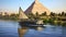 Boat sailing along the Nile River, passing majestic pyramids, AI-generated.