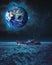 Boat sailing at night on different plant with earth in space background fantasy