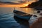 Boat sailing on waters at sunset, beautiful summer photo