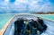 Boat with scuba diving equipment heading for dive in paradise, Mahahual, Yucatan, Mexico