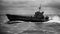boat in the sea black and white photo A scary speed boat on a sea of blood, with storms,