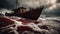 boat in the sea A scary fishing boat in a sea of blood, with storm The boat is made of wood