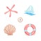 Boat, seashell, compass, lifebuoy and starfish drawings