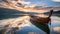 Boat on the serene foggy lake in with the boardwalk in Muskoka Canada in the misty morning