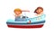 Boat ship. Boy kid little captain and passenger girl. Cartoon style illustration. Cute childish. Isolated on white