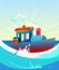 Boat ship. Floats on the sea. Steam engine. Cartoon style illustration. Seascape landscape. Cute childish. Image