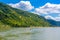 Boat ship in Rhein Rhine river in Loreley, Oberwesel, Rhein-Lahn-Kreis, Rhineland-Palatinate, Rheinland-Pfalz, Germany