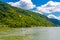 Boat ship in Rhein Rhine river in Loreley, Oberwesel, Rhein-Lahn-Kreis, Rhineland-Palatinate, Rheinland-Pfalz, Germany