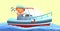 Boat ship. Seascape landscape. Boy kid little captain. Cartoon style illustration. Cute childish. Image background