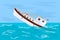 Boat sinking in sea. White vessel going under water. Fishing ship sinking in ocean.